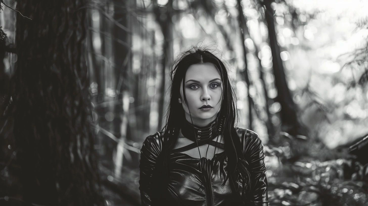 Gothic woman in the woods, wearing black leather, with a focused and intense expression.