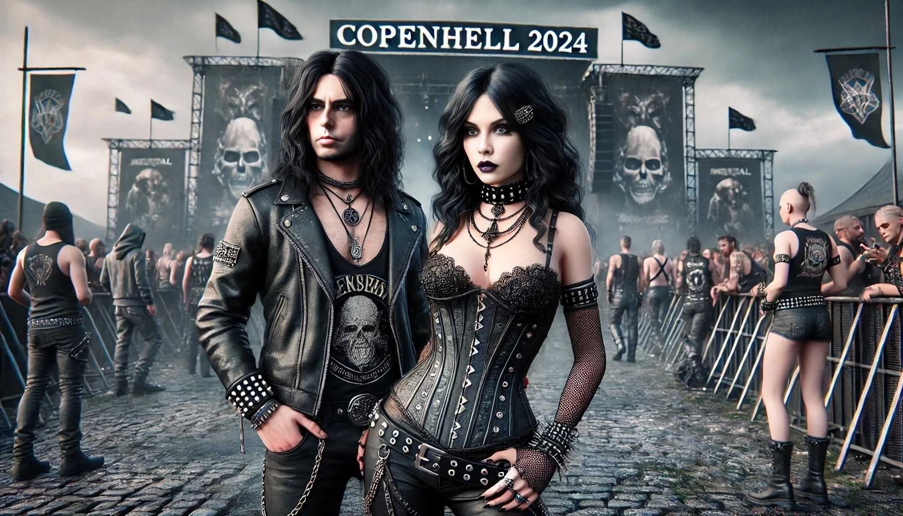 A gothic couple, dressed in black leather and adorned with spikes and chains, standing in front of the stage at Copenhell 2024 with other festival-goers in the background.