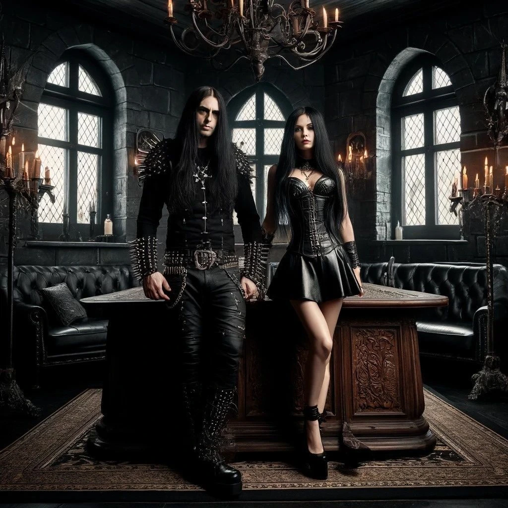 Gothic couple in a luxurious, dark room, their connection deepening in "50 Shades of Black."