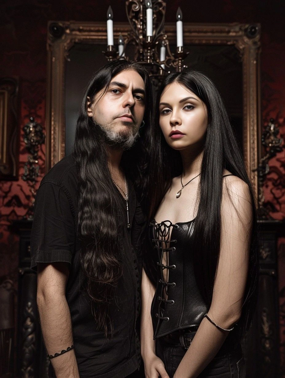 Gothic couple in an ornately decorated room with candles and gothic decor.