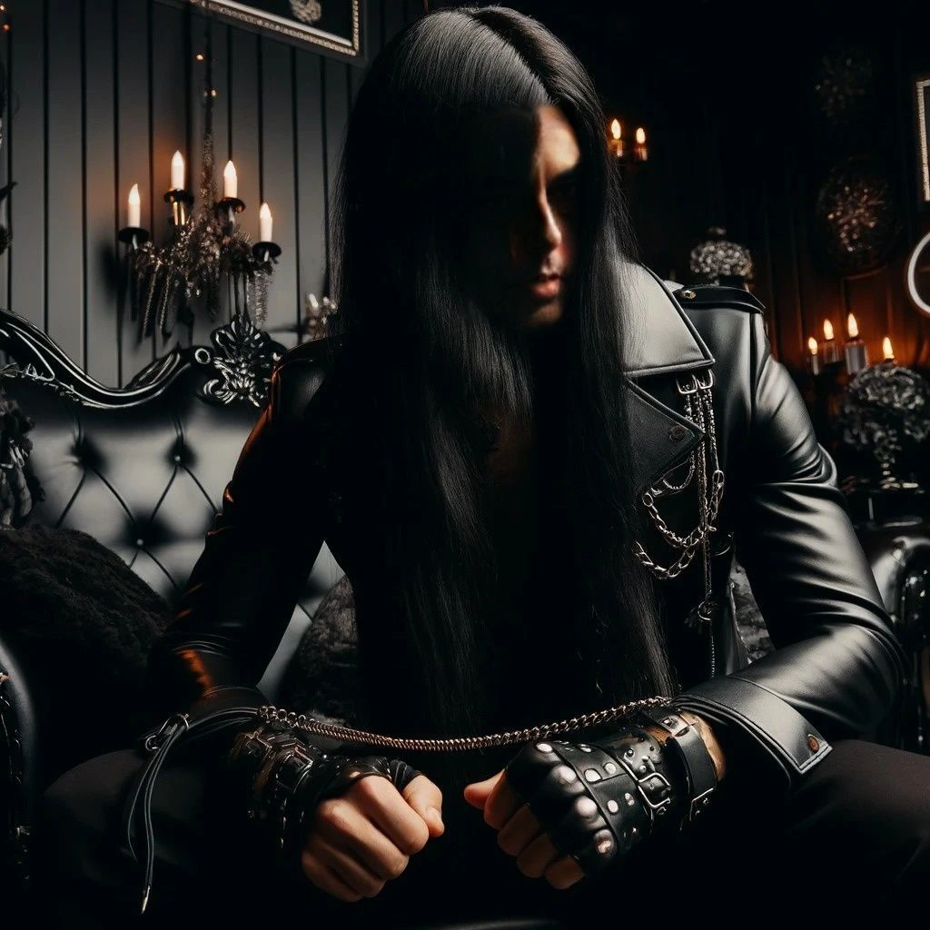 A goth man with long black hair, wearing a black leather jacket, sitting on a black leather sofa in a dark room with candles.