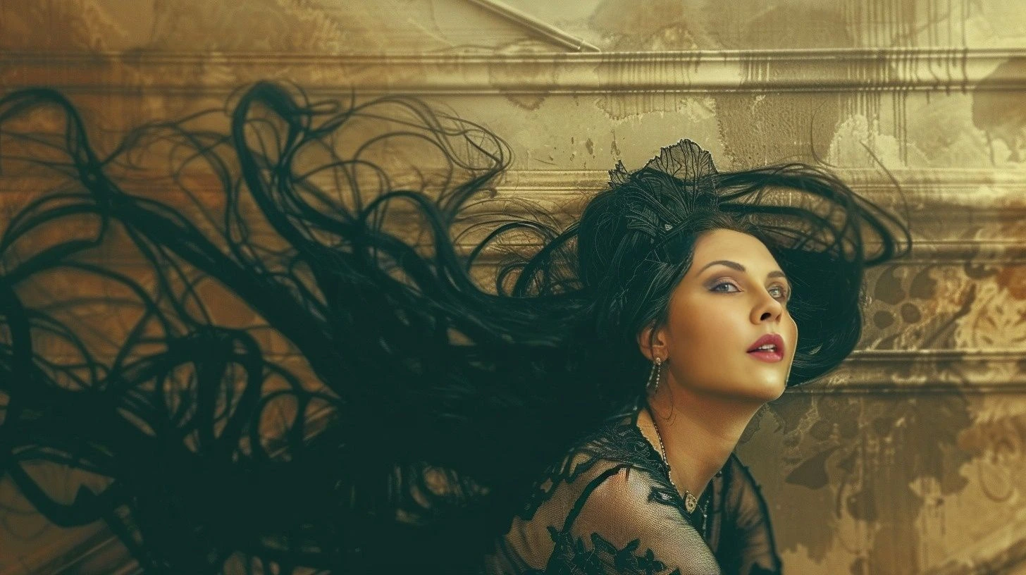 Gothic woman with long, flowing hair lying against a textured wall, wearing black lace.