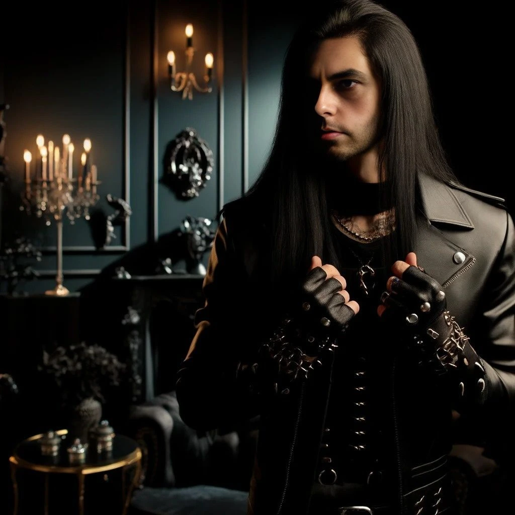 A goth man with long black hair, wearing a leather jacket and gloves, standing in a dark room with candles and chandeliers.