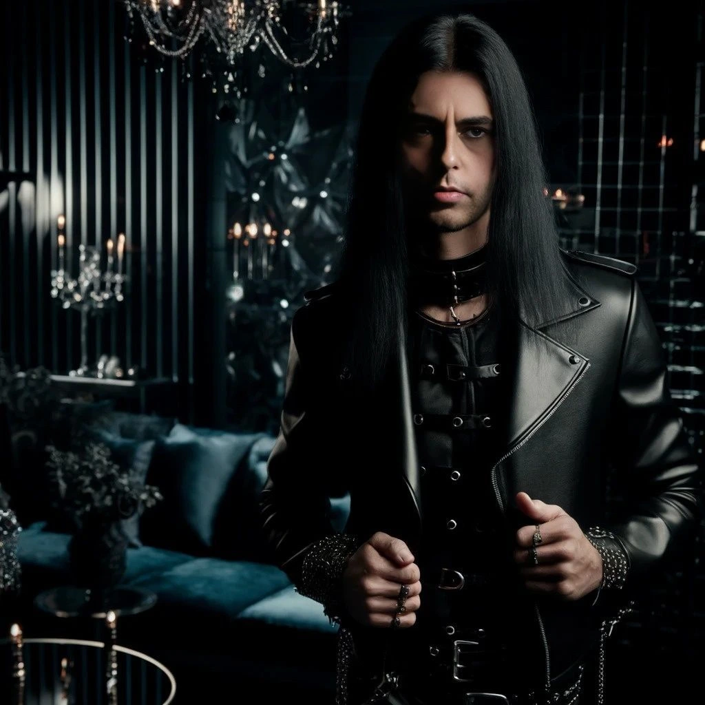 A goth man with long black hair, wearing a leather jacket with buckles, standing in a dark room with chandeliers and candles.