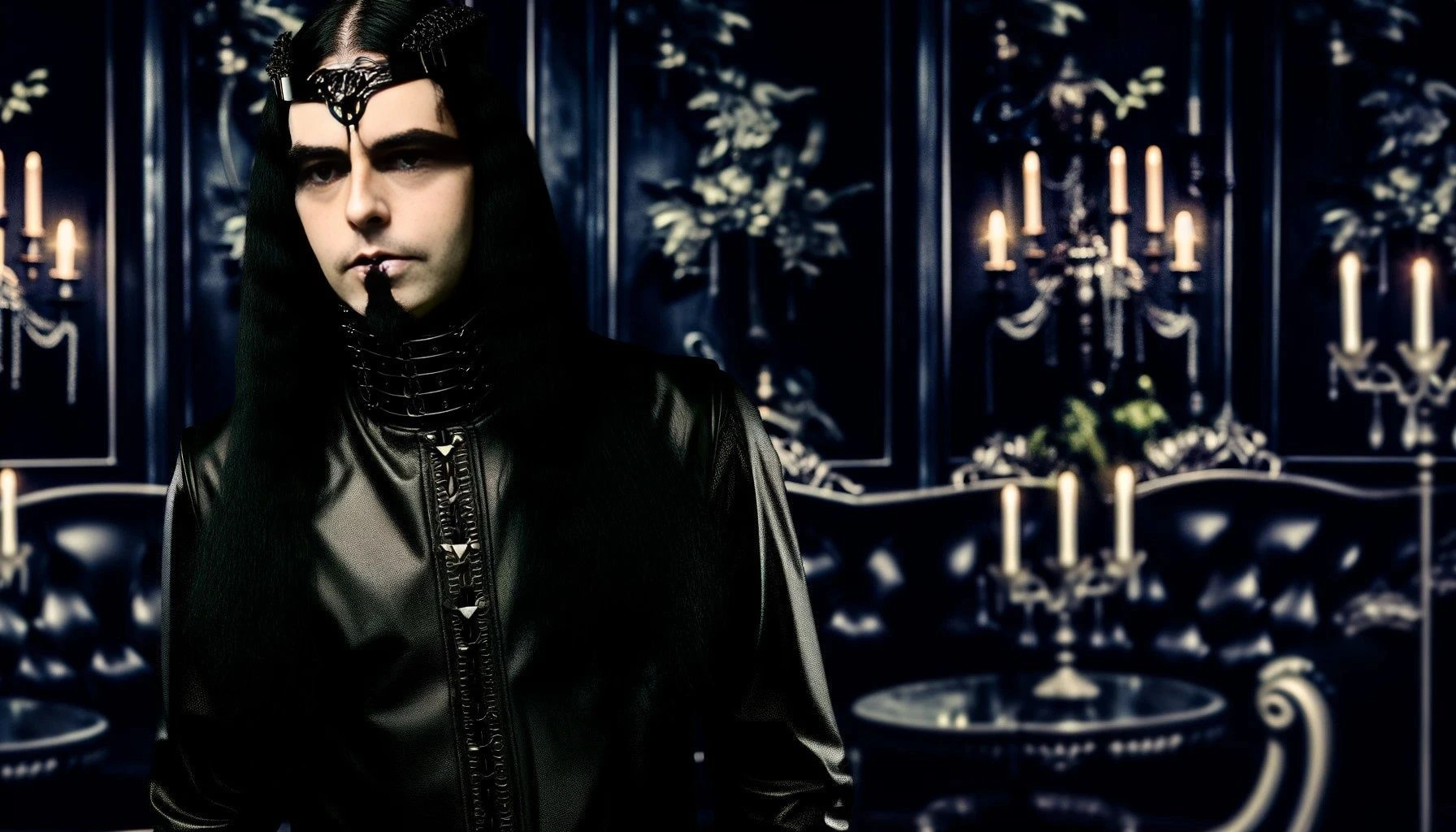 A goth man with long black hair, wearing a detailed black outfit and a headpiece, standing in an elegant room with candelabras.