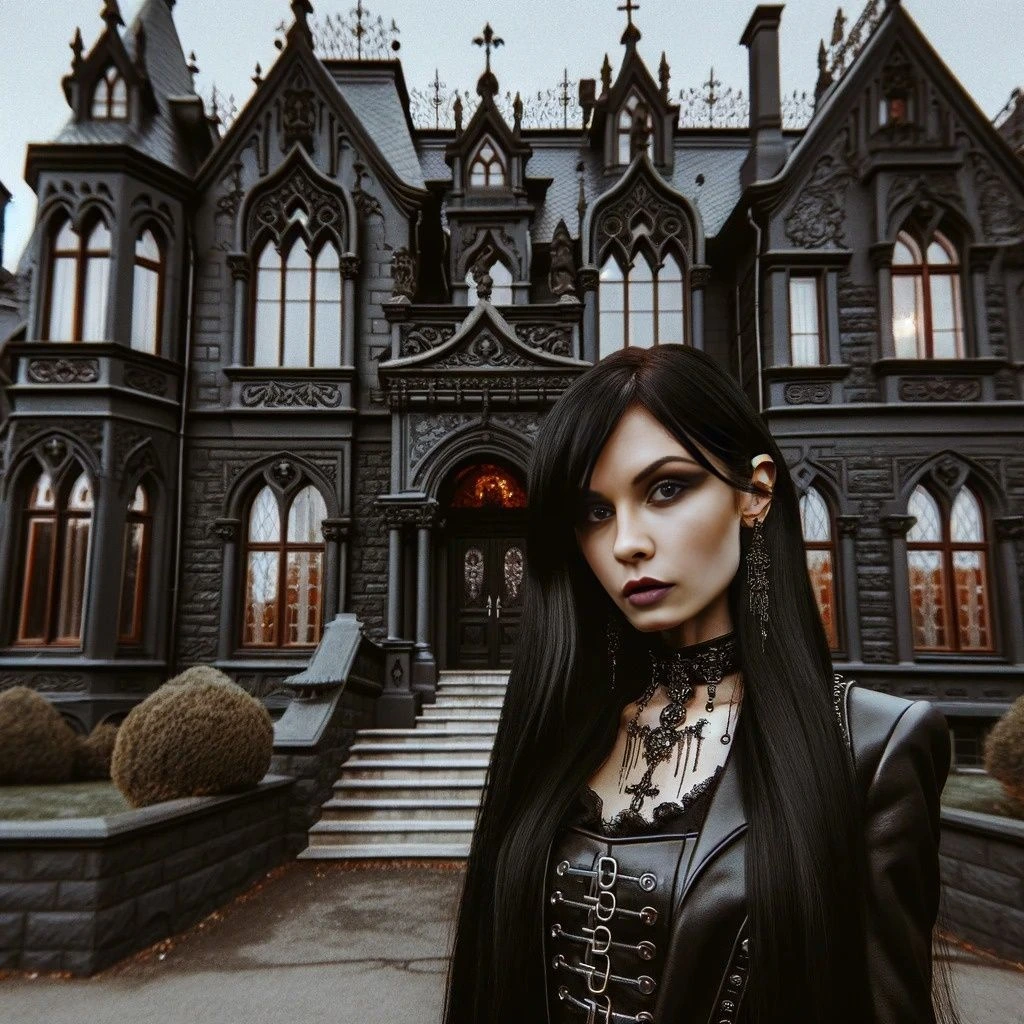 Gothic woman in front of a gothic mansion with intricate architecture.