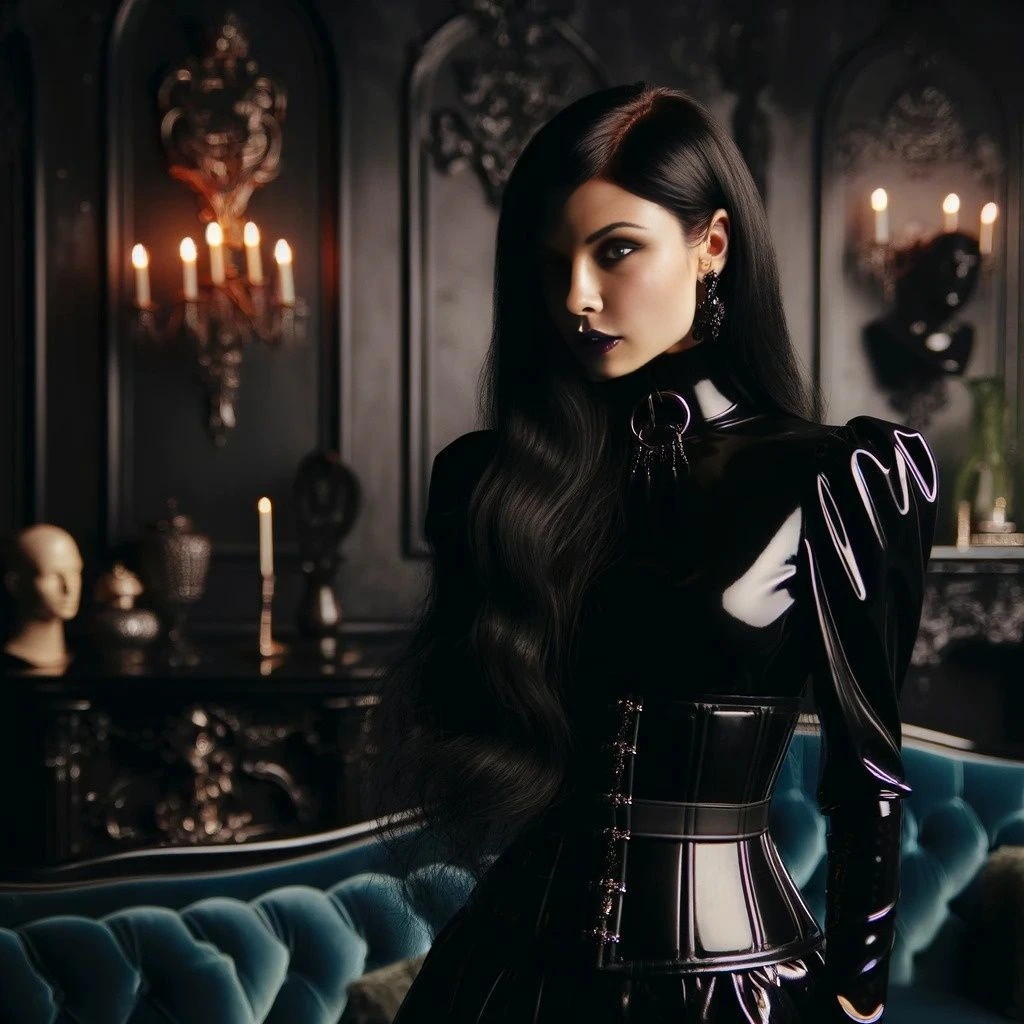 Gothic woman in a dark room with candles and a teal velvet couch.