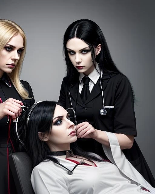 Two evil gothic doctors, one blonde and one with dark hair, attend to a gothic patient wearing white in a medical setting.