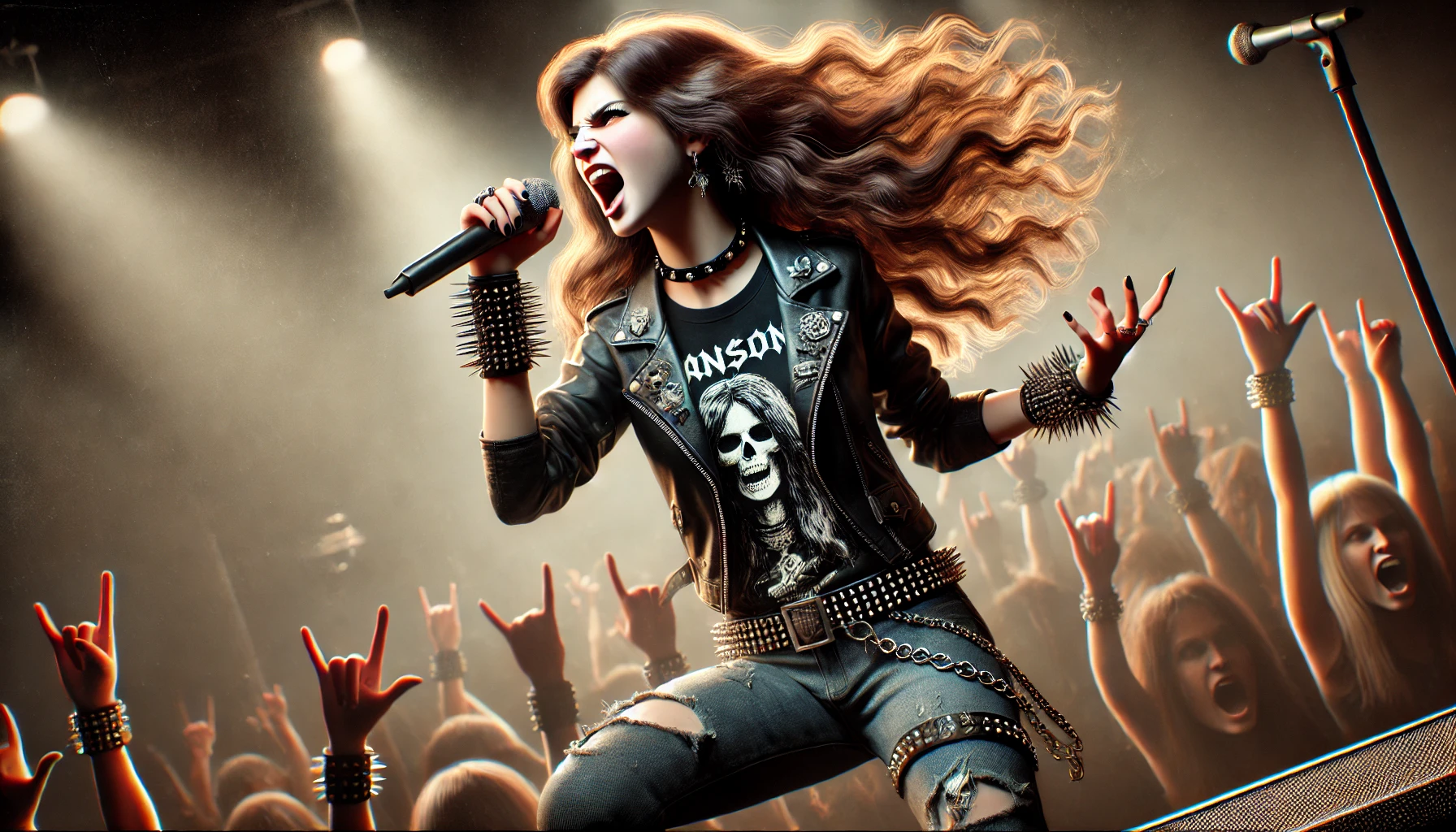 A photorealistic image of a female metal vocalist performing on stage with long, wild hair and metal attire, including a leather jacket and spiked wristbands, captured mid-scream with a dramatic stage background."