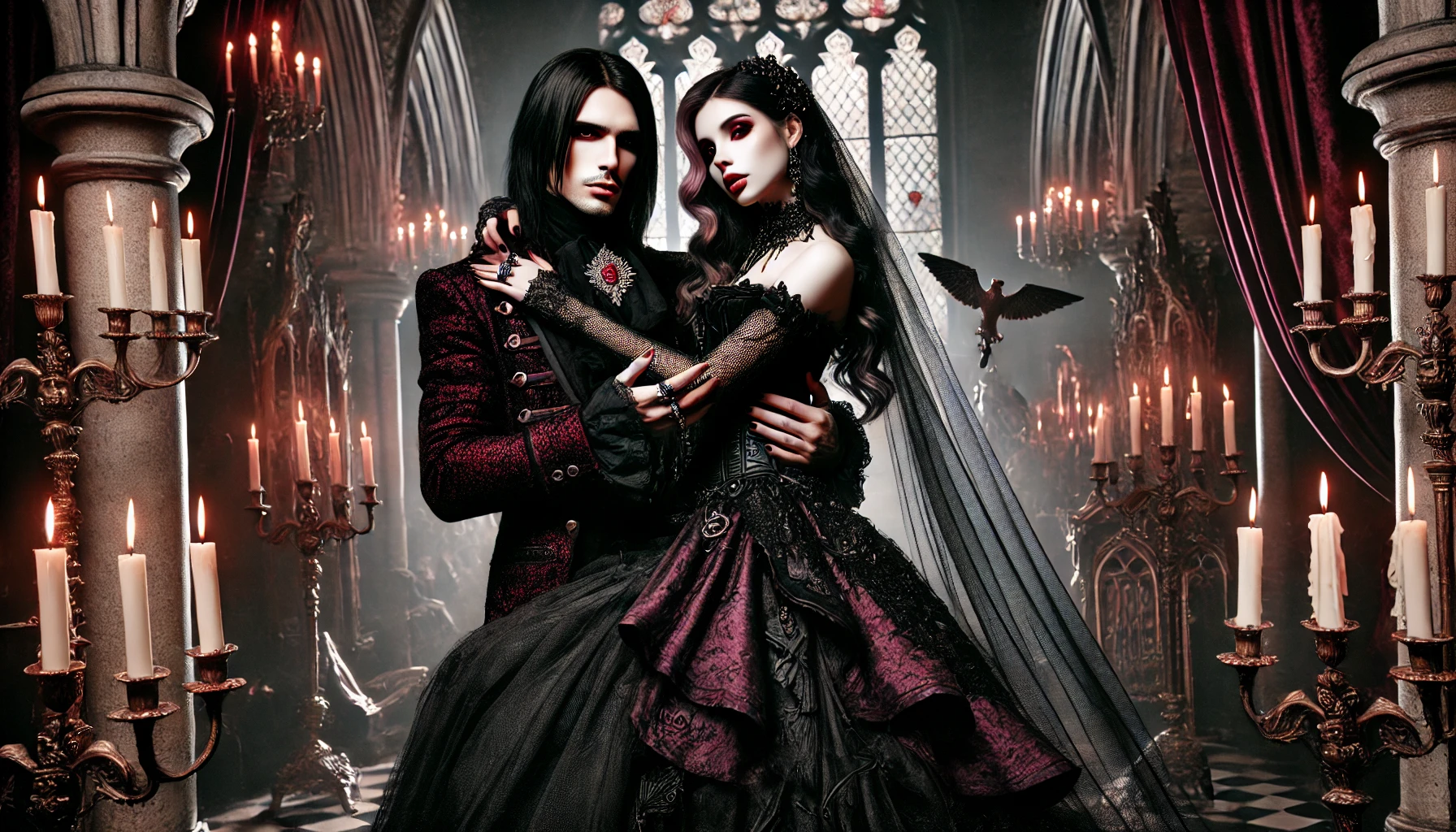 BlutEngel - Bloody Pleasures: A gothic, vampiric couple standing in a candlelit cathedral, dressed in elaborate attire with pale skin and dark, moody lighting, inspired by BlutEngel's song 'Bloody Pleasures
