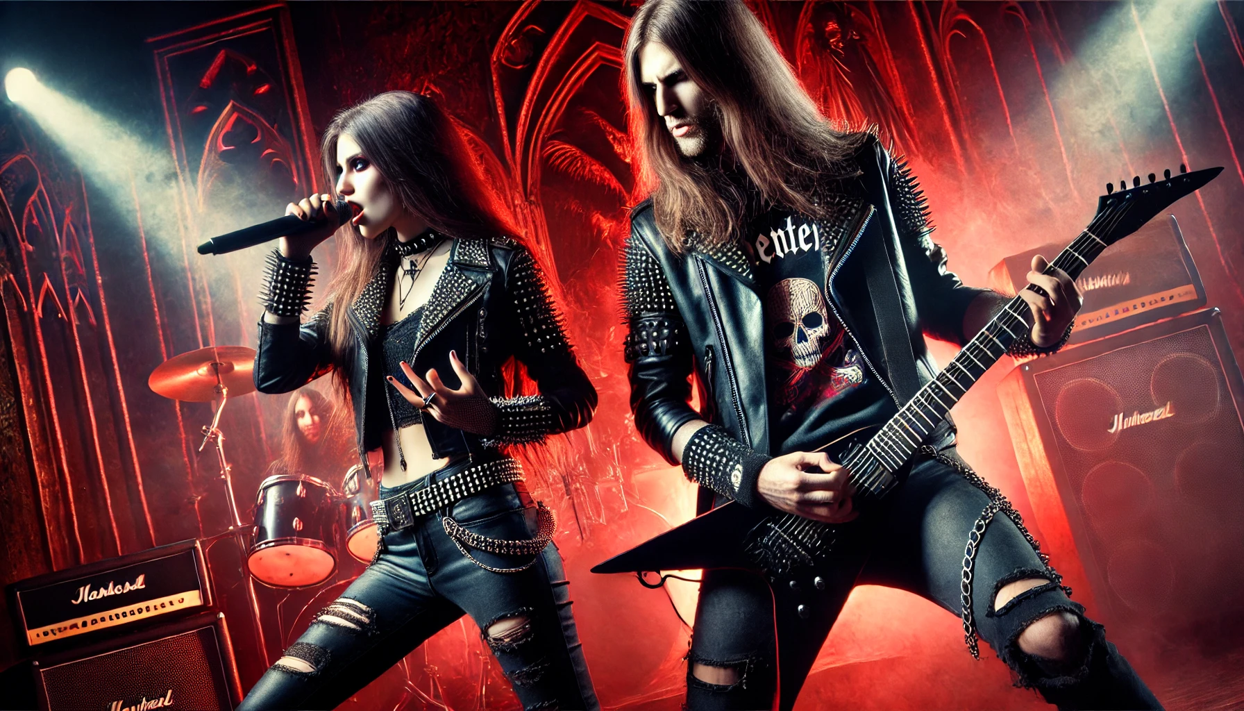 A powerful scene featuring a metalhead man and woman performing on stage together, both dressed in dark, edgy metal attire, with intense lighting and gothic background elements.