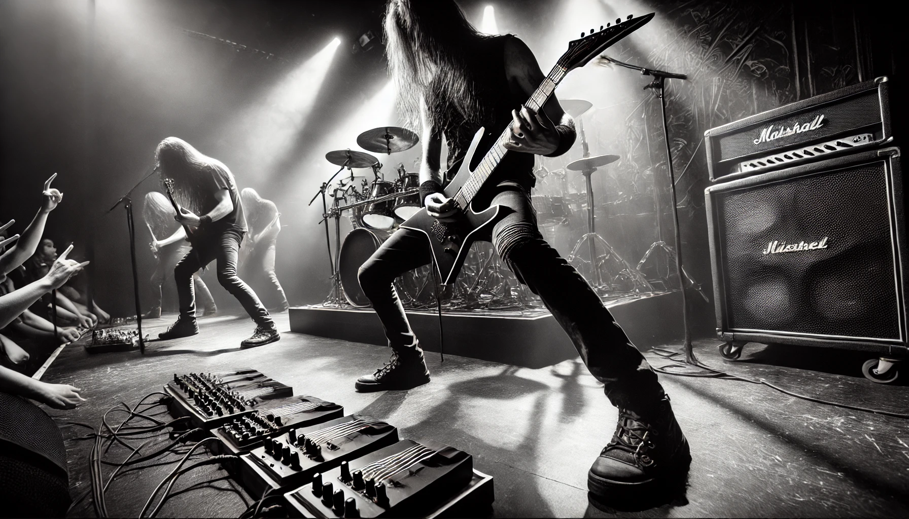 A powerful and energetic scene of a metal band performing on stage with the lead guitarist engaged in a complex solo, showcasing that metal requires musical mastery.