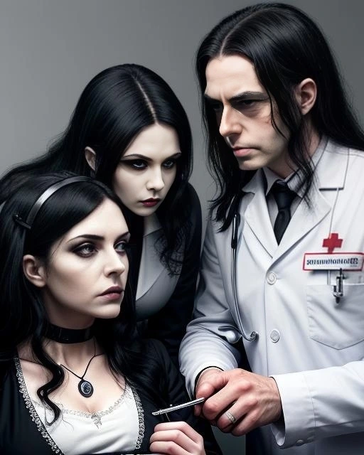 An evil gothic doctor and his assistant carefully examining a gothic patient in a clinical environment.