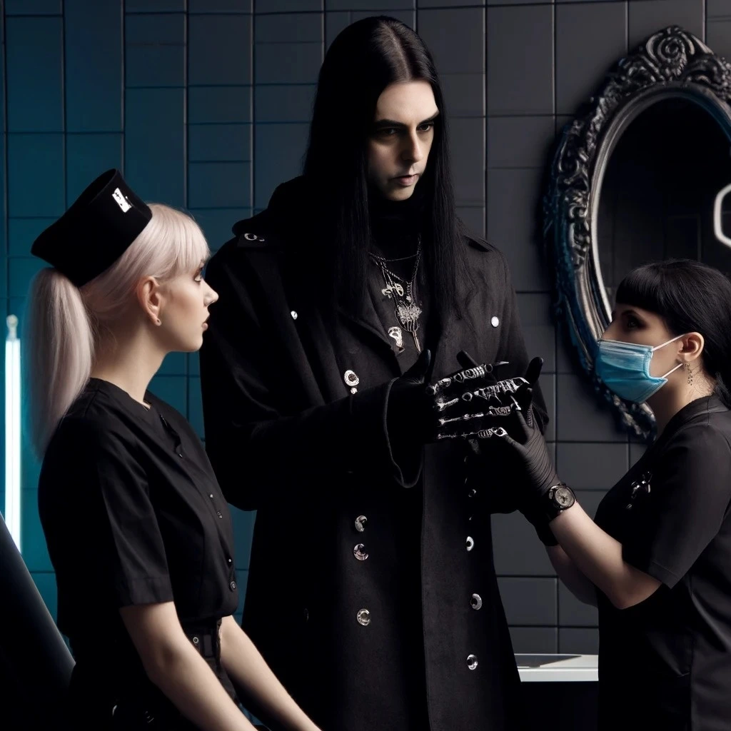 Evil gothic doctor in a black coat with long black hair, flanked by two female nurses in black, one with pink hair and the other with dark hair wearing a mask, in a dimly lit medical room.