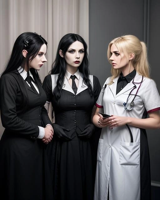 A group of gothic doctors in black and white outfits discuss a patient’s case in a clinical environment.