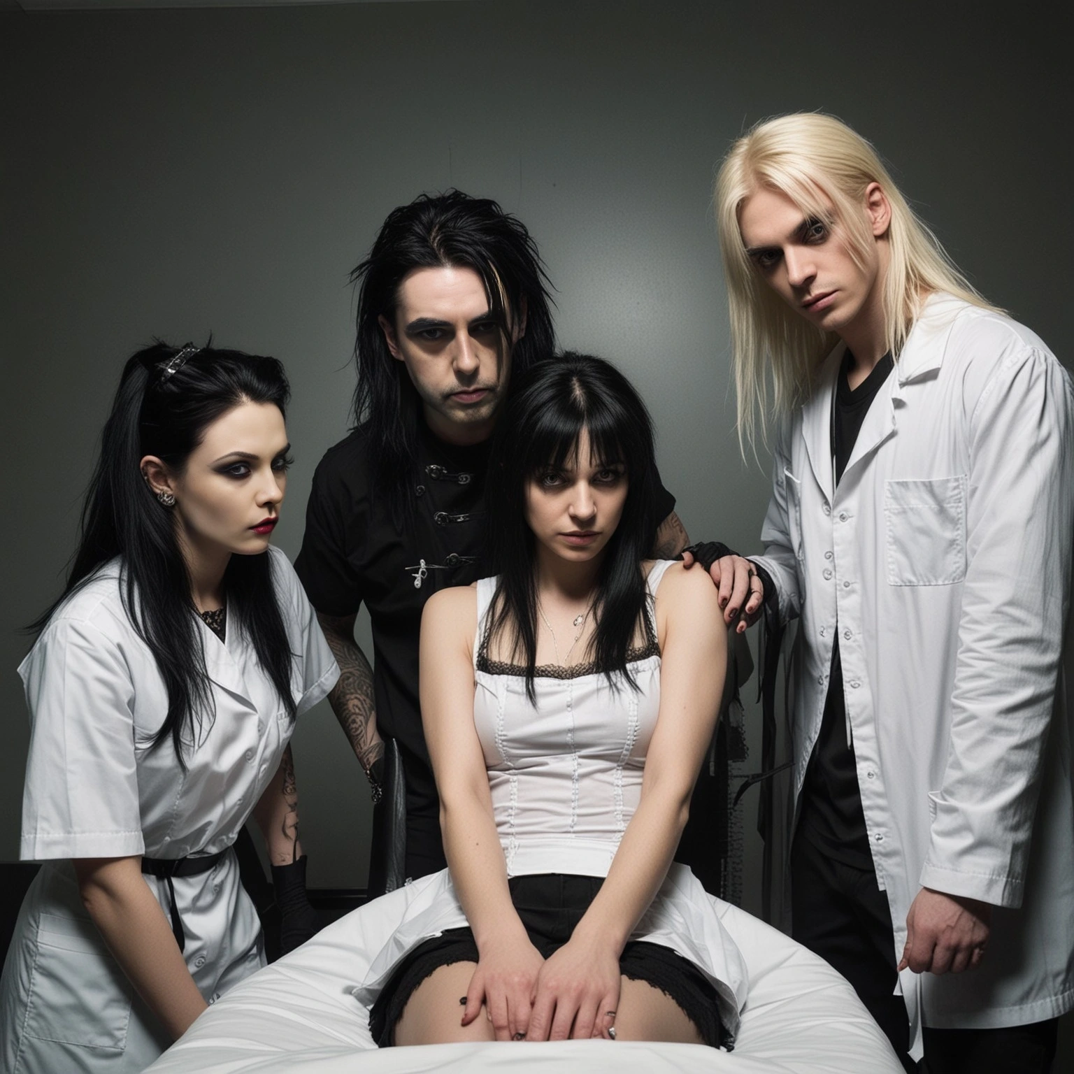 Group of four gothic individuals, including an evil gothic doctor in white coat, a dark-haired man in black, and two dark-haired women, one seated on a hospital bed.