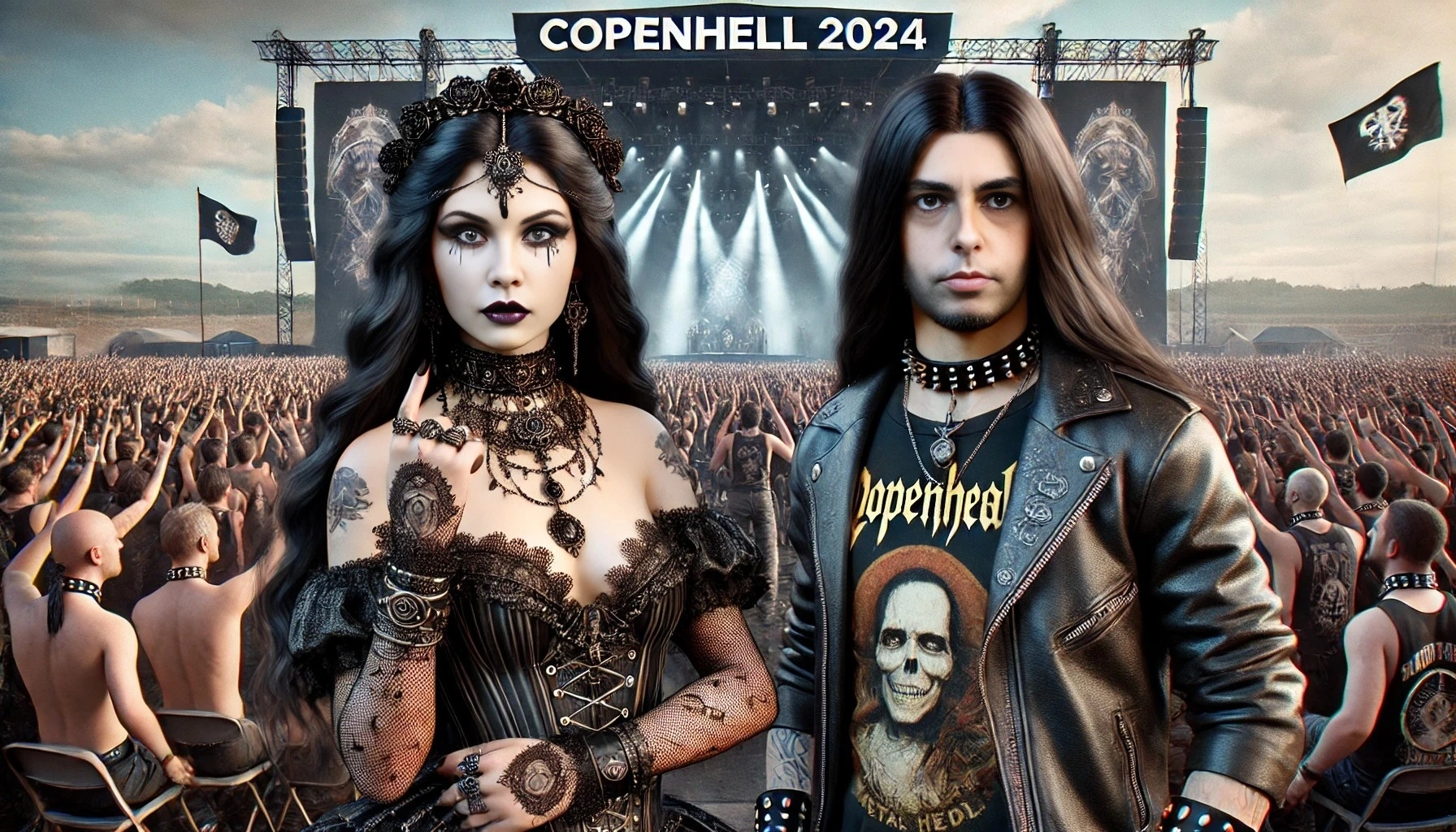 A gothic couple, one in intricate lace attire and the other in a leather jacket, stand in front of a massive crowd at Copenhell 2024 with the festival stage illuminated in the background.
