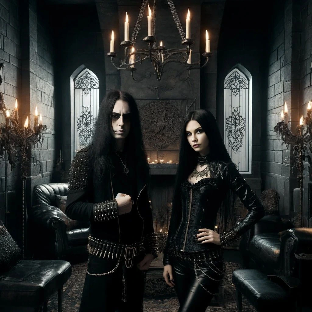 Gothic couple in a candlelit room, representing their shared journey in "50 Shades of Black."