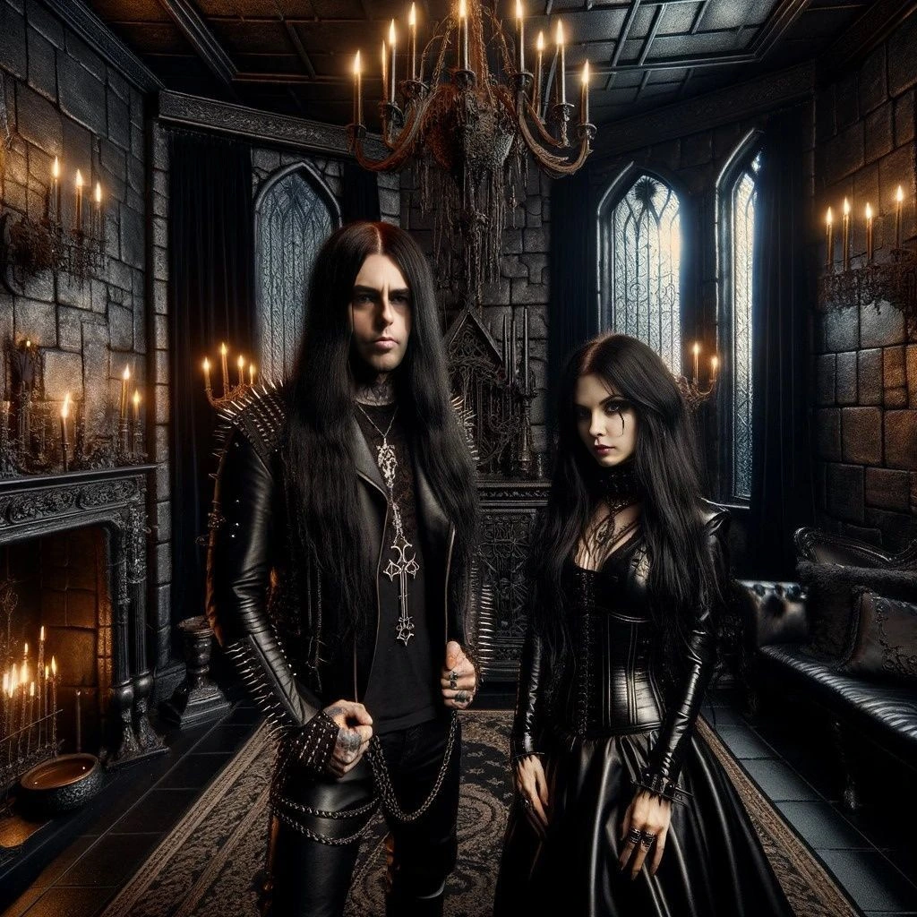 A gothic couple standing in a dark, opulent room, embodying the allure of "50 Shades of Black."