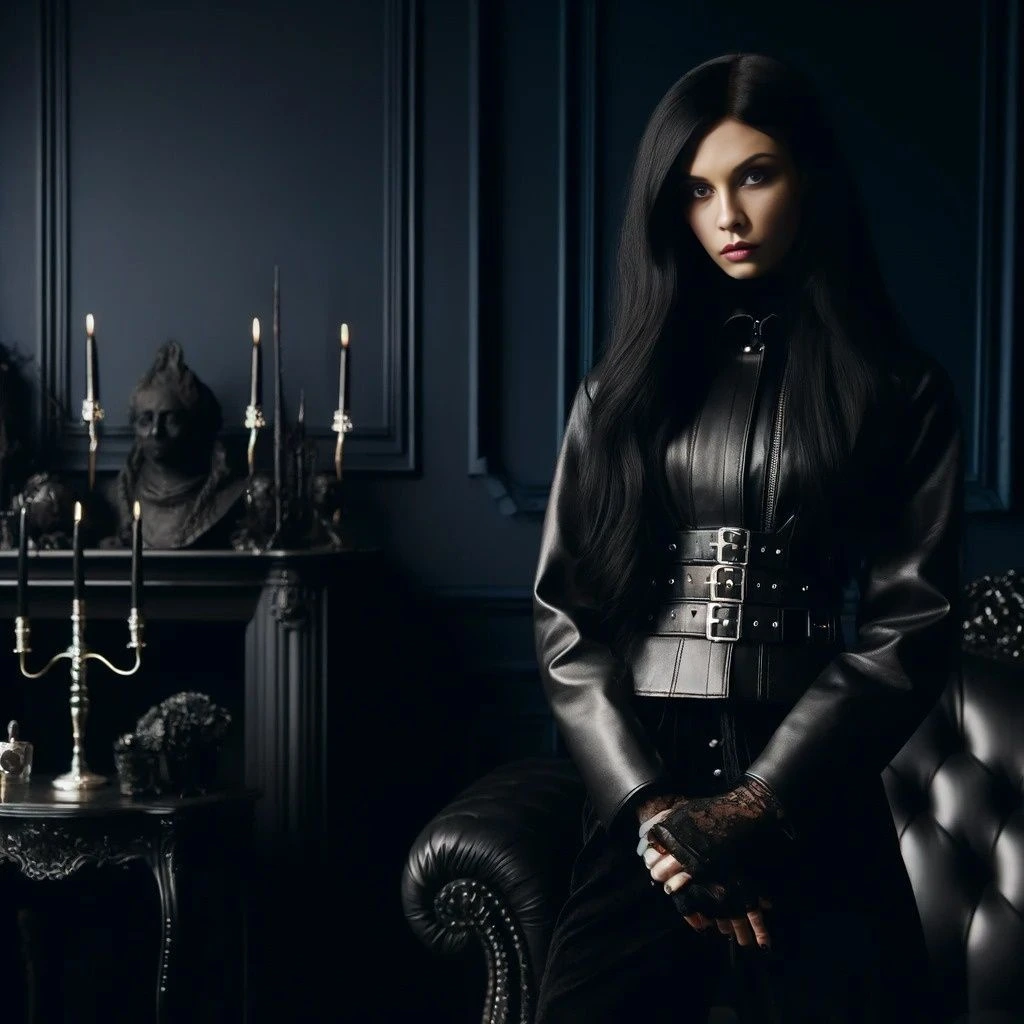 Gothic woman in a dimly lit room with candlesticks and dark blue walls.