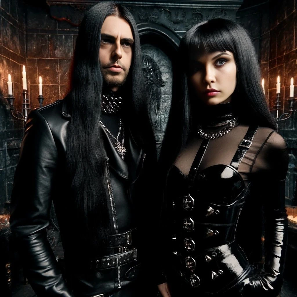 Gothic couple in an opulent, dark room, showcasing their intense connection in "50 Shades of Black."