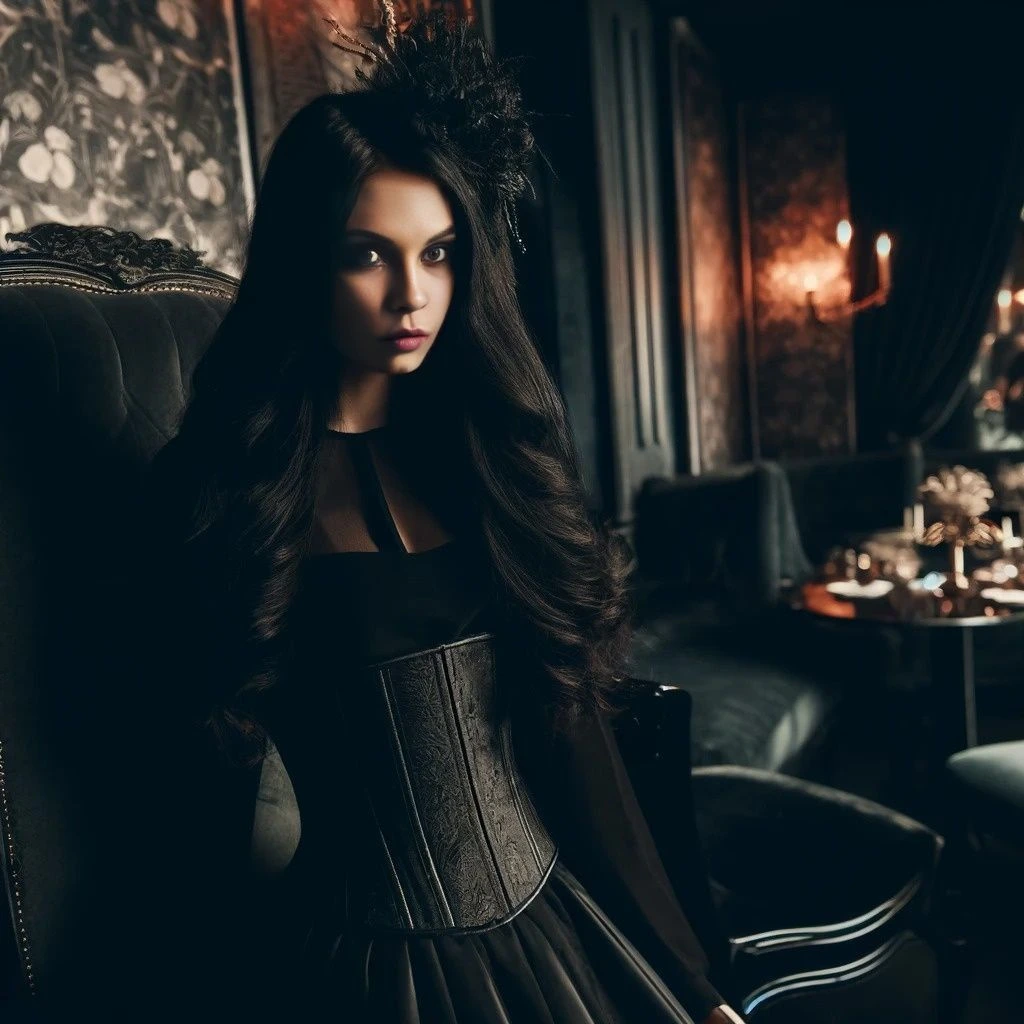 Gothic woman in an elegant room with dark, floral wallpaper and vintage furniture.
