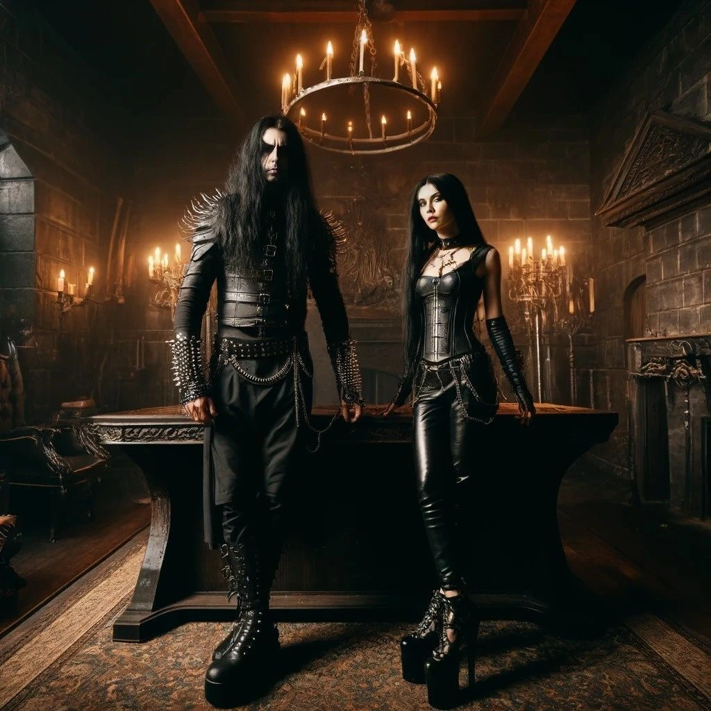 A powerful gothic couple in a grand hall, highlighting their dark romance in "50 Shades of Black."