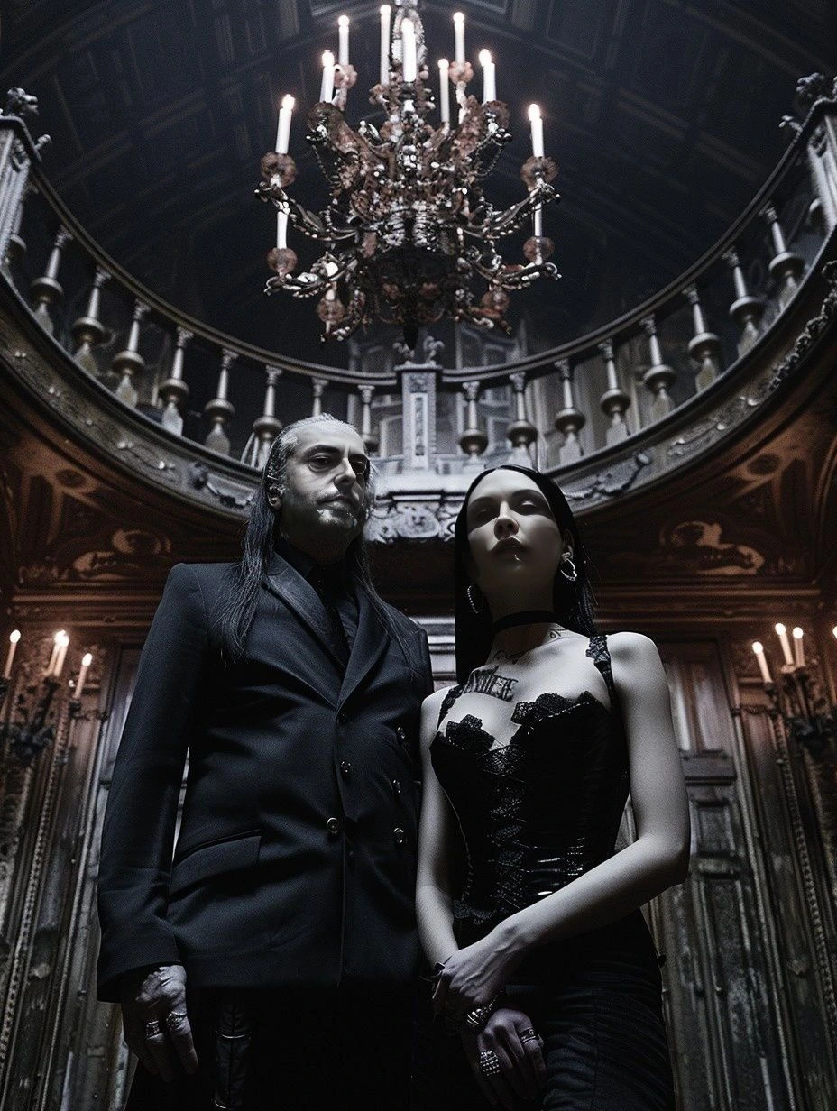 Gothic couple in a luxurious mansion with a grand chandelier.