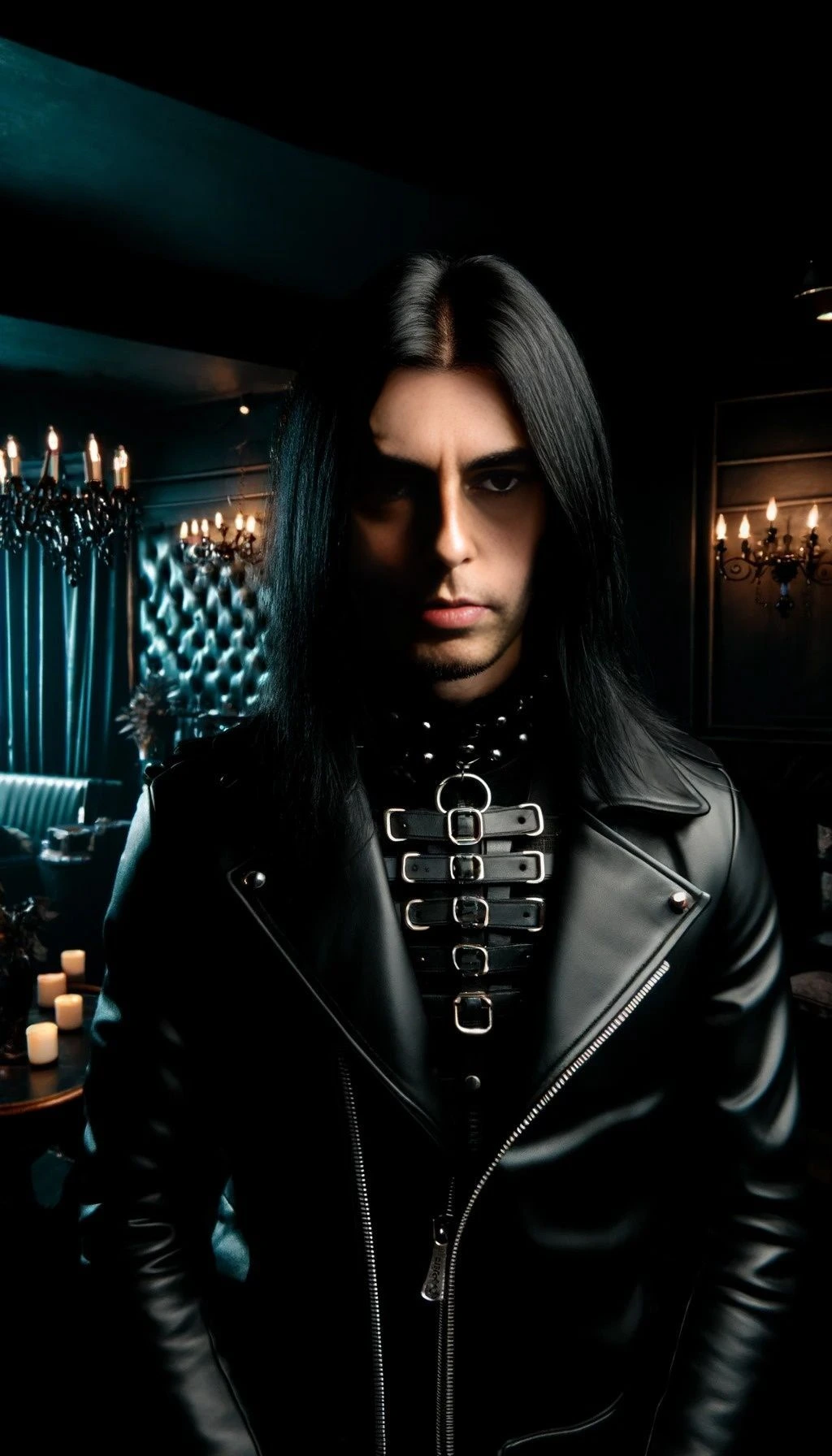 A goth man with long black hair, wearing a black leather jacket with buckles, standing in a dark room with candles.