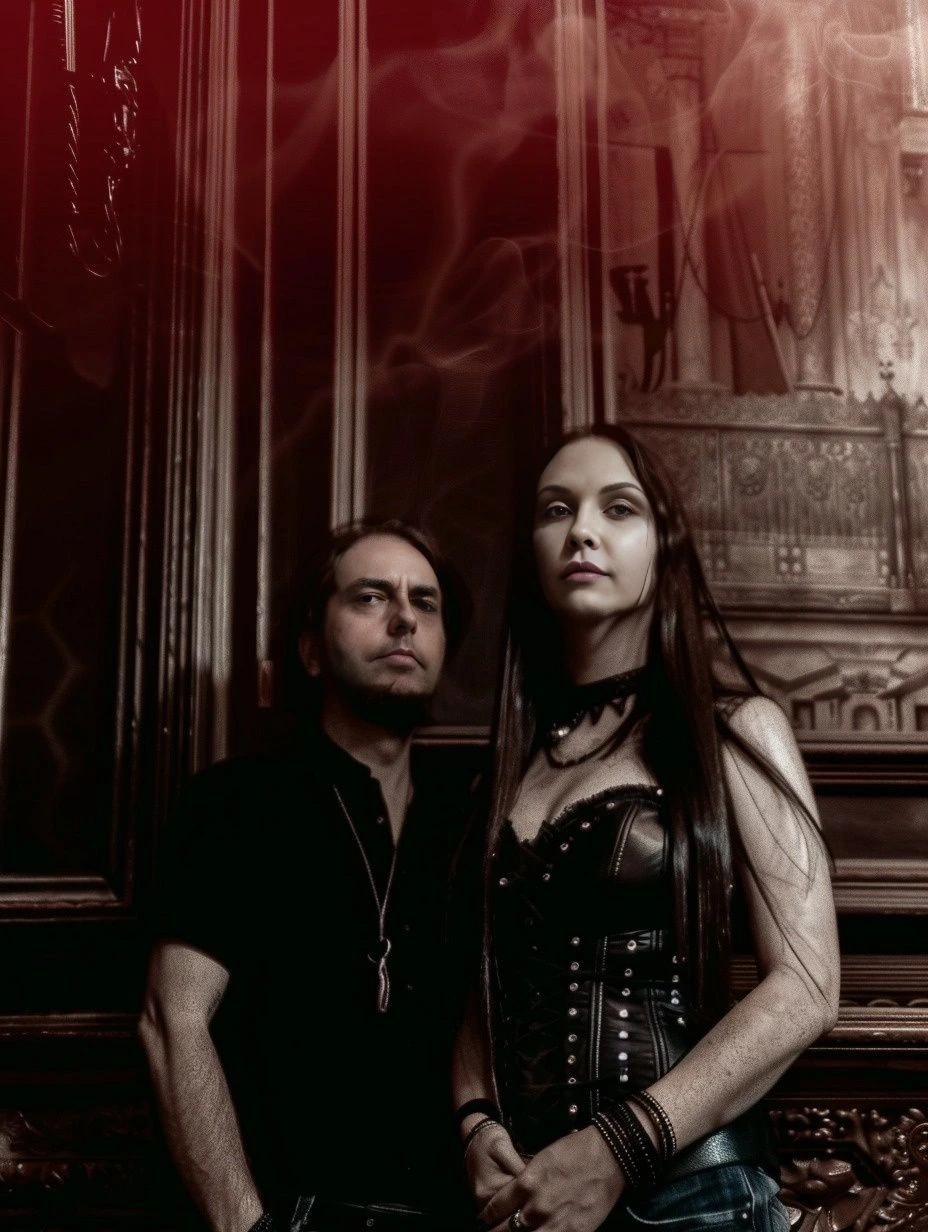 Gothic couple standing in an ornately decorated room with red hues.