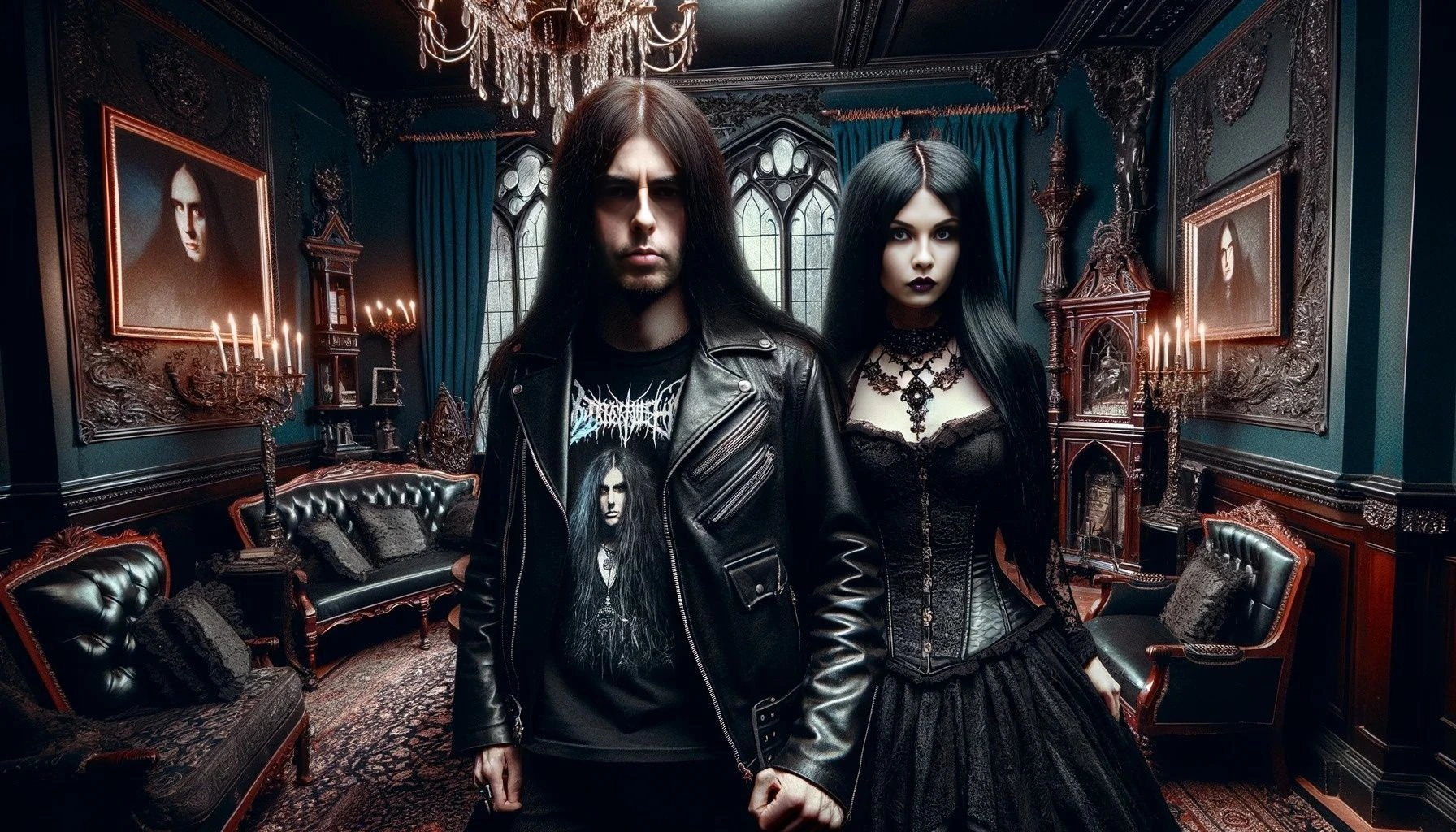 Gothic couple in an opulent room, their bond deepening amidst the shadows of "50 Shades of Black."