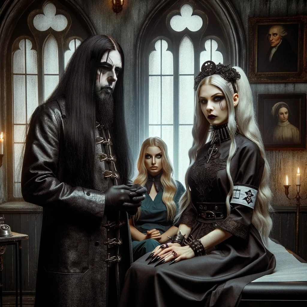 Evil gothic doctor in a dark leather coat with long black hair, standing beside two gothic women, one with long silver hair and the other with blonde hair, in a dimly lit room with gothic decor.