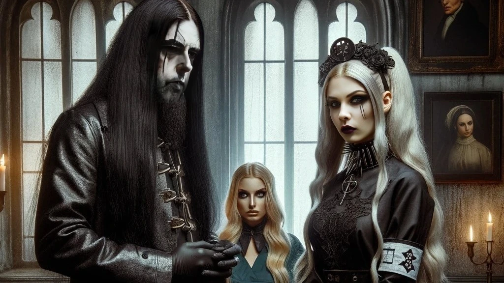 Evil gothic doctor: Gothic scene featuring a dark-haired man in black leather and two women dressed in gothic attire with pale makeup, standing in a dimly lit room with arched windows and old portraits on the walls.