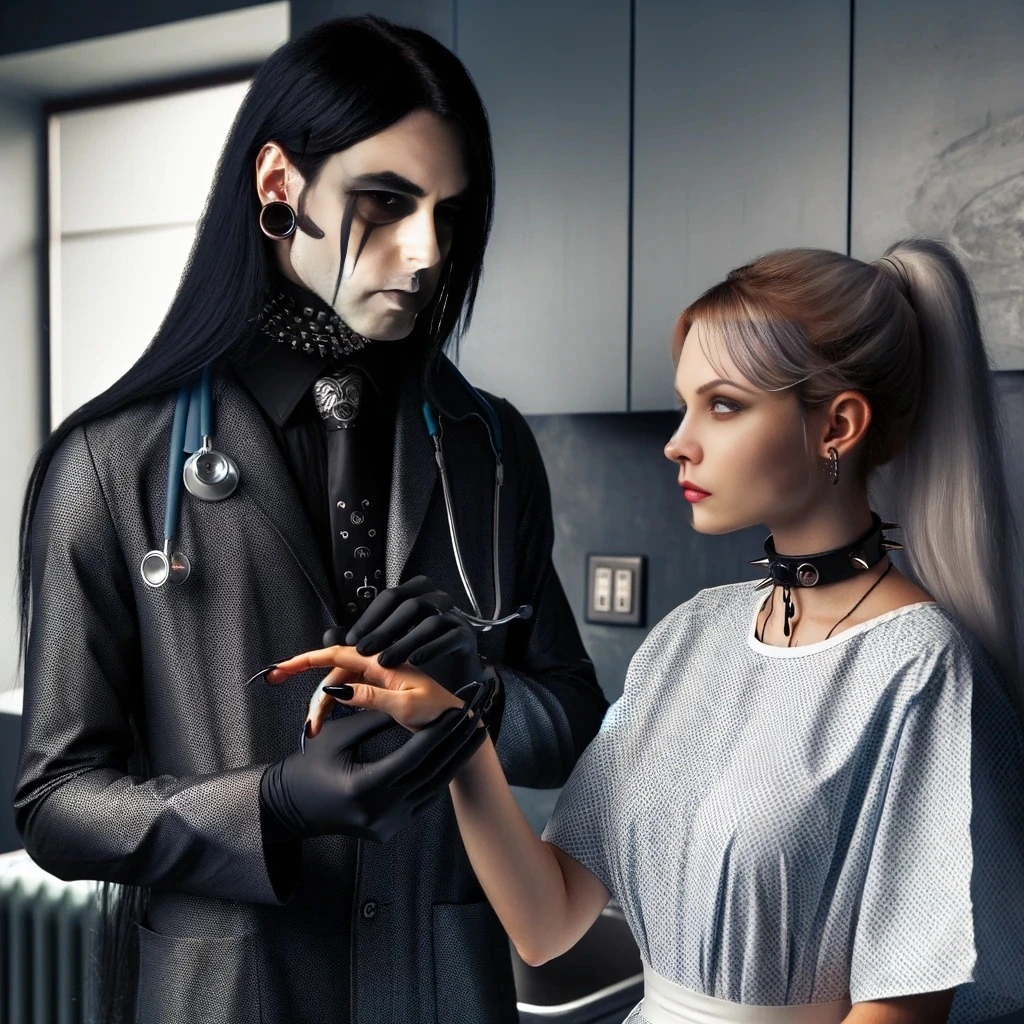 Evil gothic doctor in a dark suit with long black hair and a stethoscope, holding the hand of a young woman with light hair in a hospital gown, both with intense expressions.