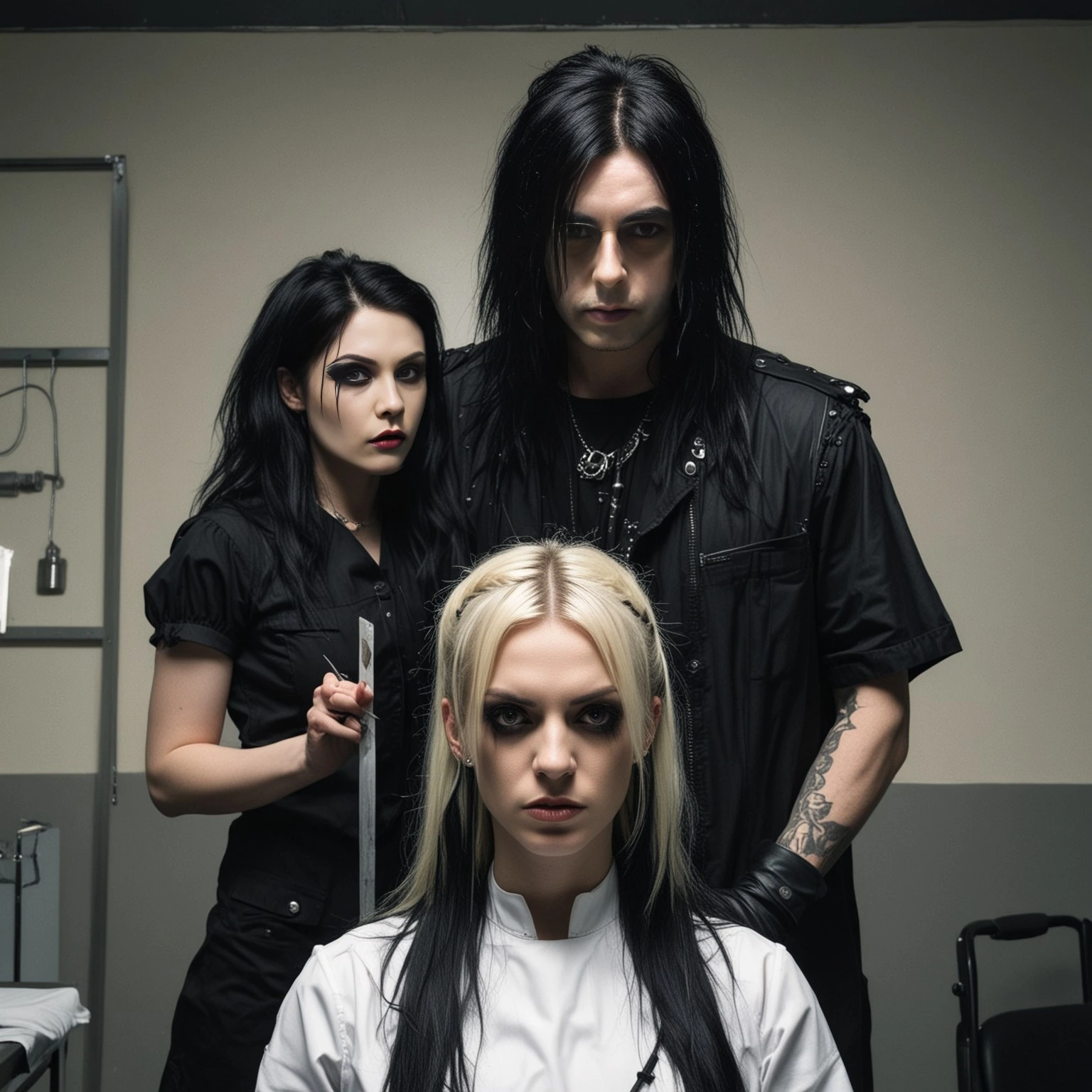 Gothic trio in a medical setting; a dark-haired woman holding a scalpel, a blonde woman seated in a white coat, and a dark-haired man in black, all with intense expressions.
