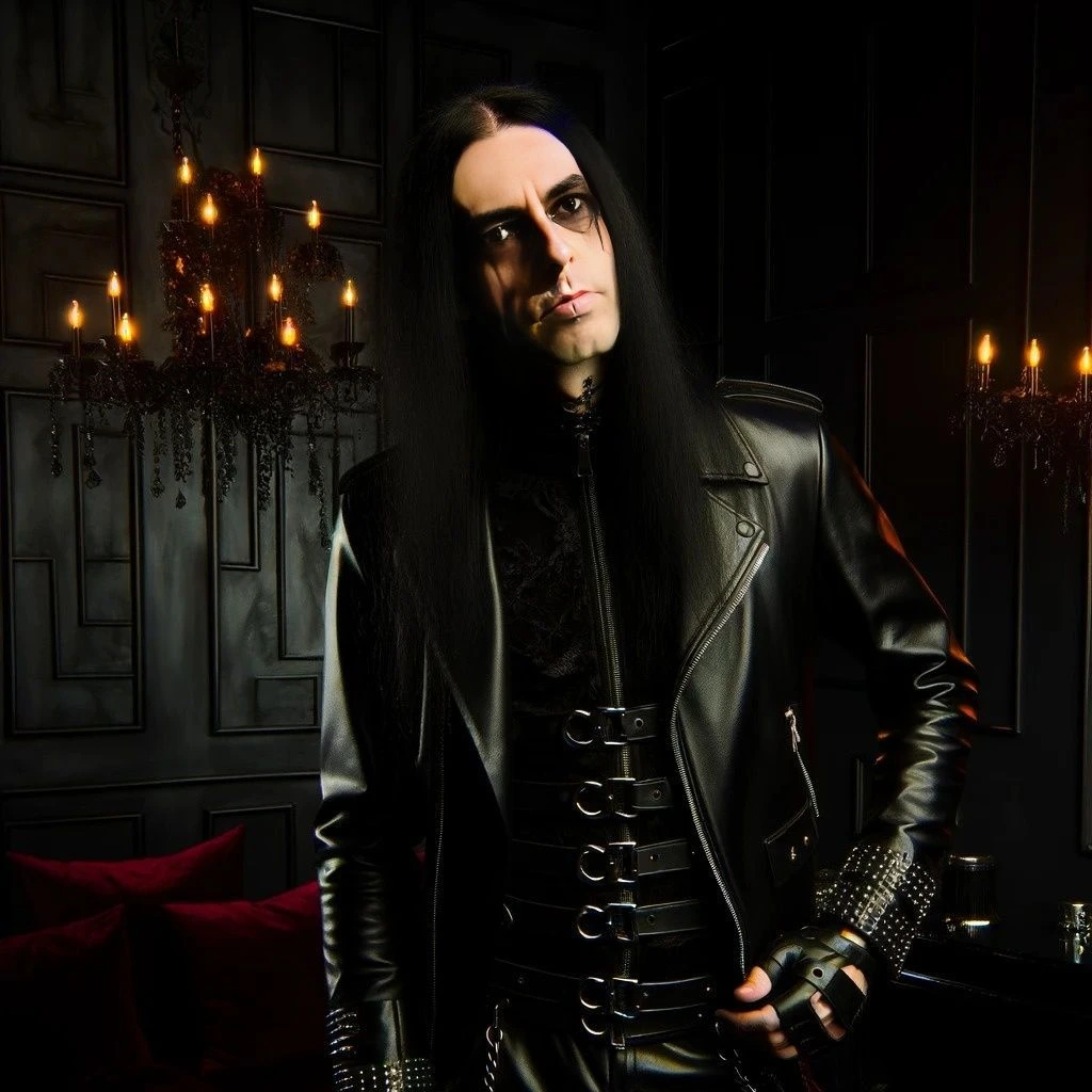 A goth man with long black hair, wearing a black leather jacket with buckles, standing in a dark room with chandeliers.
