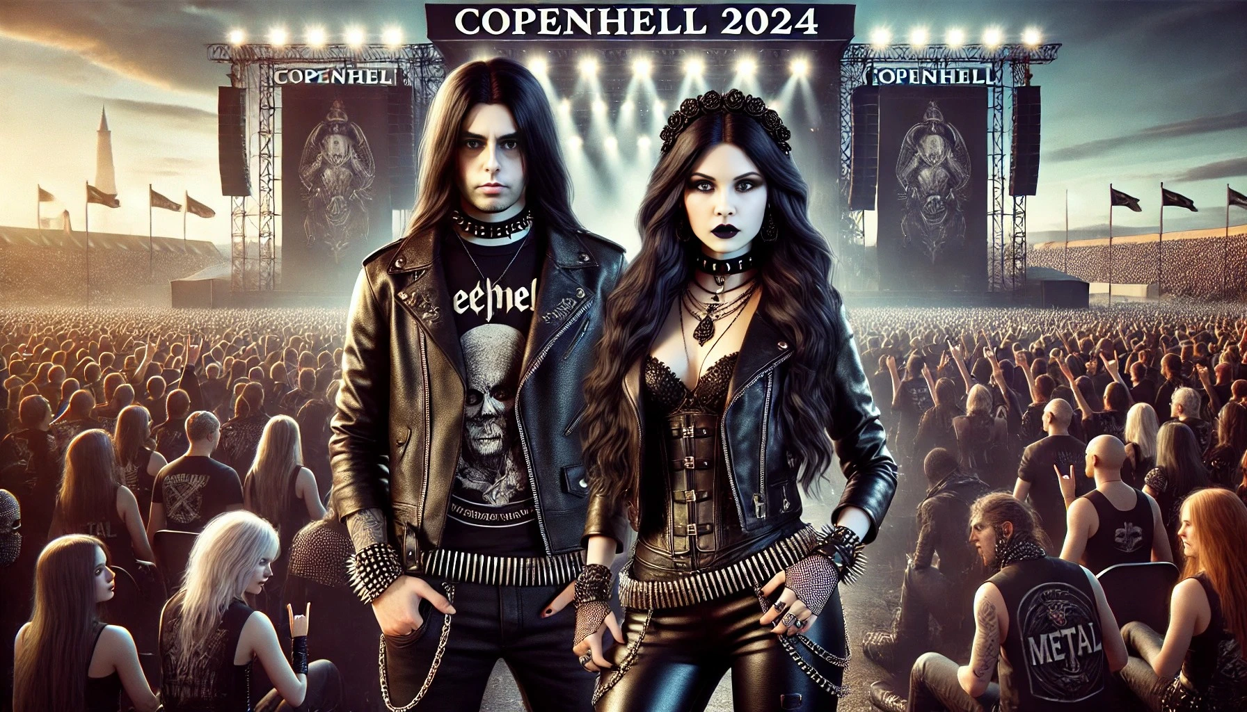 A gothic couple, dressed in black leather with spikes and chains, stand in front of a packed crowd at Copenhell 2024 with the stage lit up and flags flying in the background.
