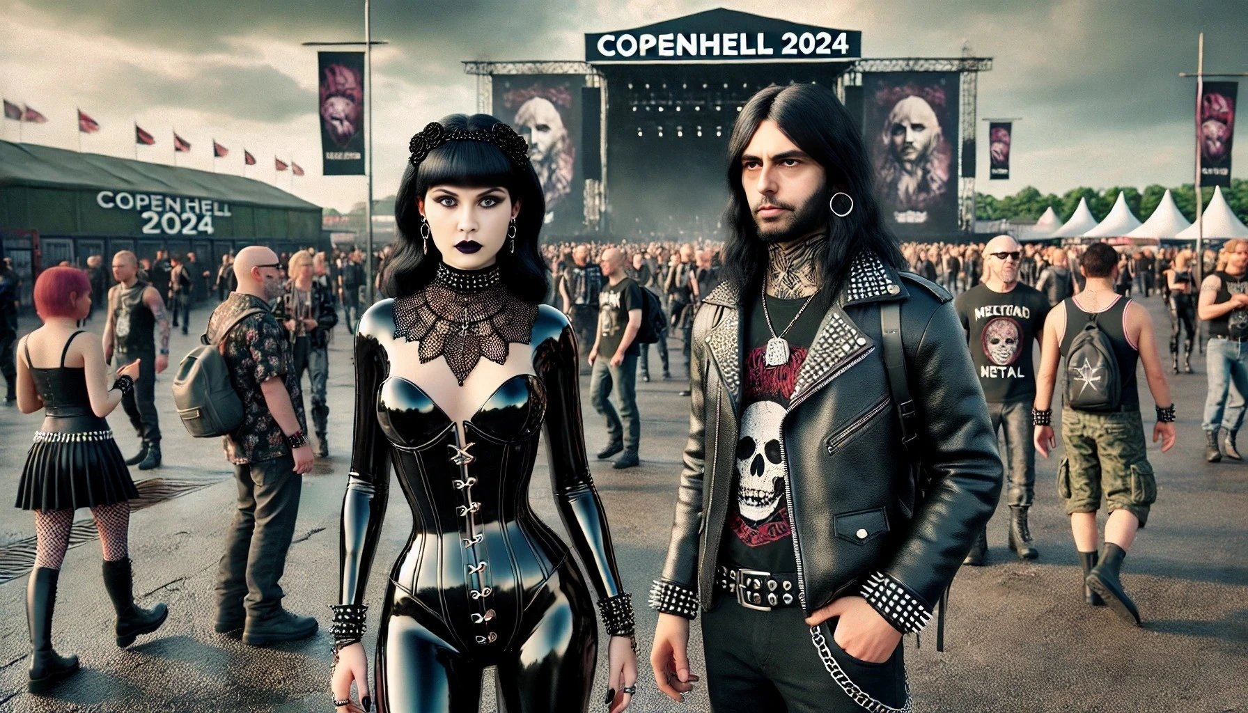 Two metalheads, one wearing a latex bodysuit and the other in a studded leather jacket, stand among festival-goers at Copenhell 2024 with the stage and banners in the background.