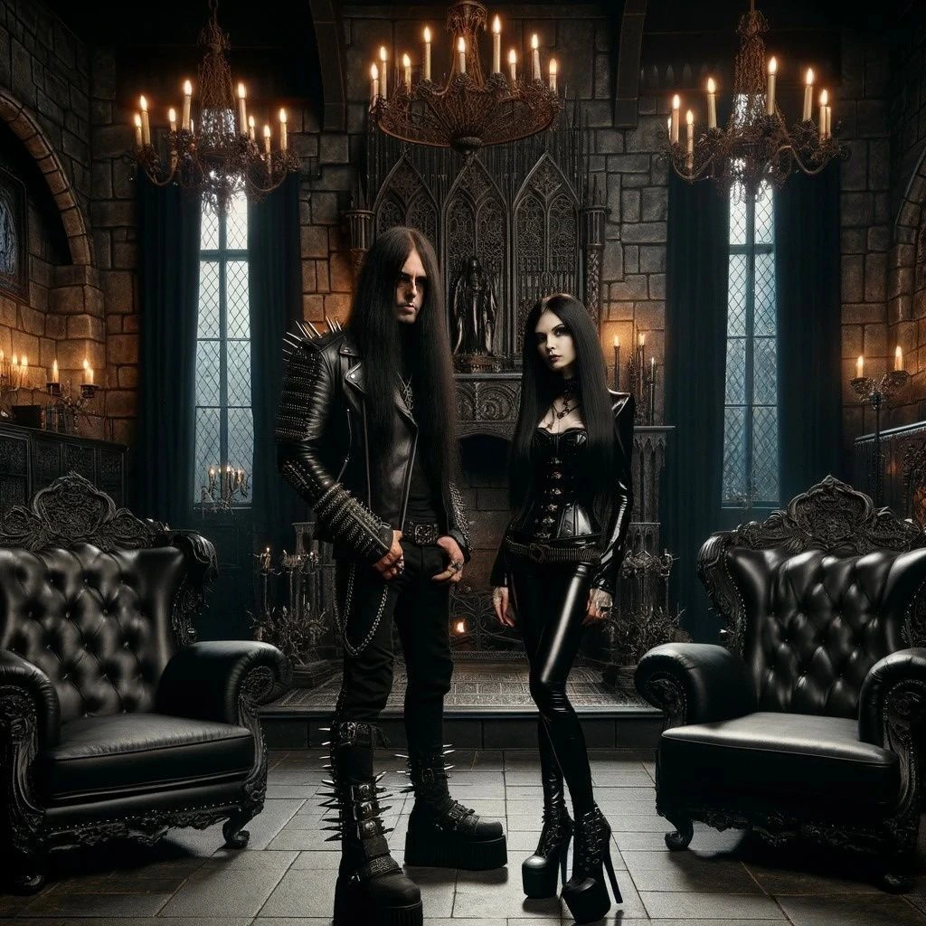 Gothic couple in a lavish, dark setting, reflecting the themes of "50 Shades of Black."