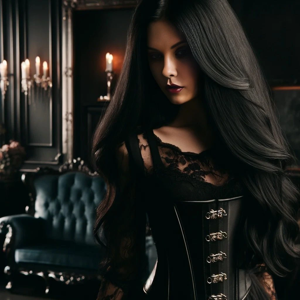 Gothic woman in a lavish room with a blue velvet armchair and candles.