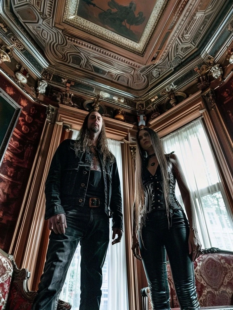 Gothic couple in a lavish room with a detailed ceiling and intricate decor.