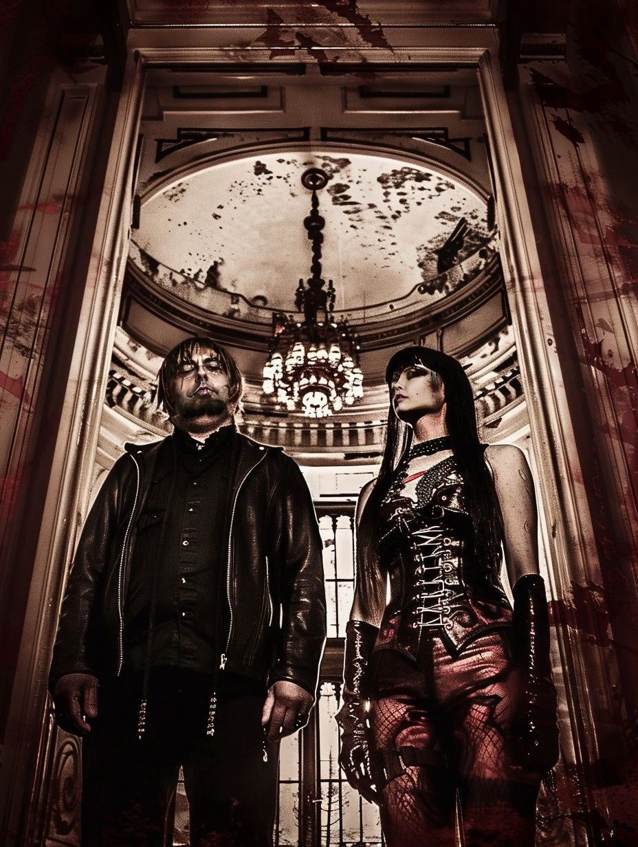 Gothic couple in an opulent setting with a dramatic atmosphere.
