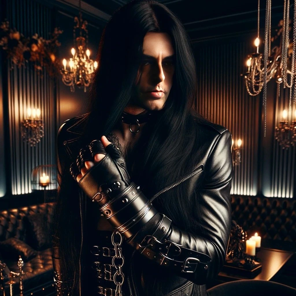 A goth man with long black hair, wearing a leather jacket and gloves, standing in a dimly lit room with chandeliers.