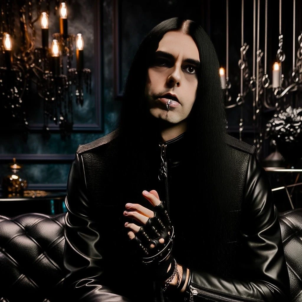 A goth man with long black hair, wearing a black leather jacket with buckles and chains, standing in a dark room with candles and chandeliers.