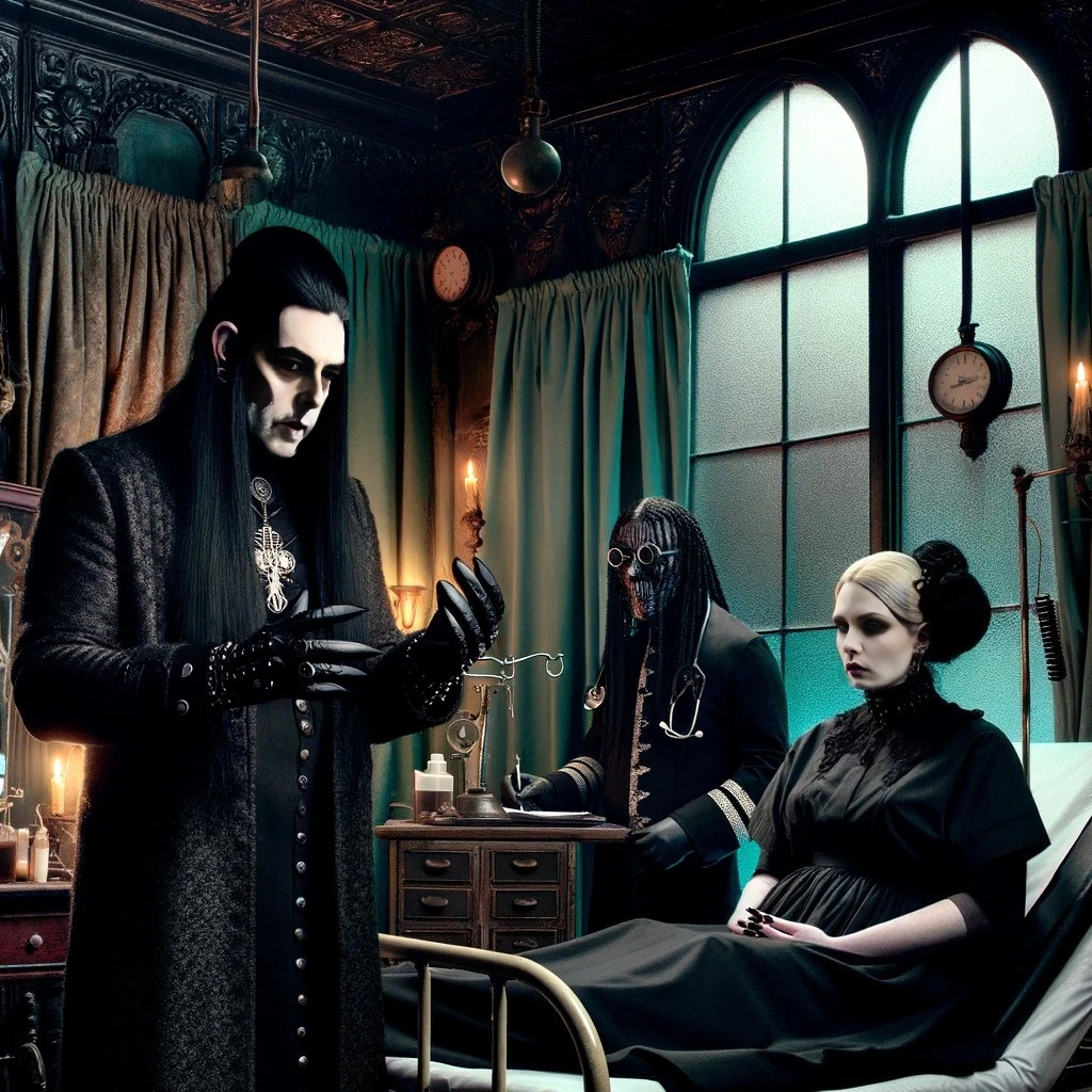 Evil gothic doctor with black face paint and mechanical claws, standing beside a blonde gothic woman in a black dress, with another blonde woman in a nurse outfit in the background.