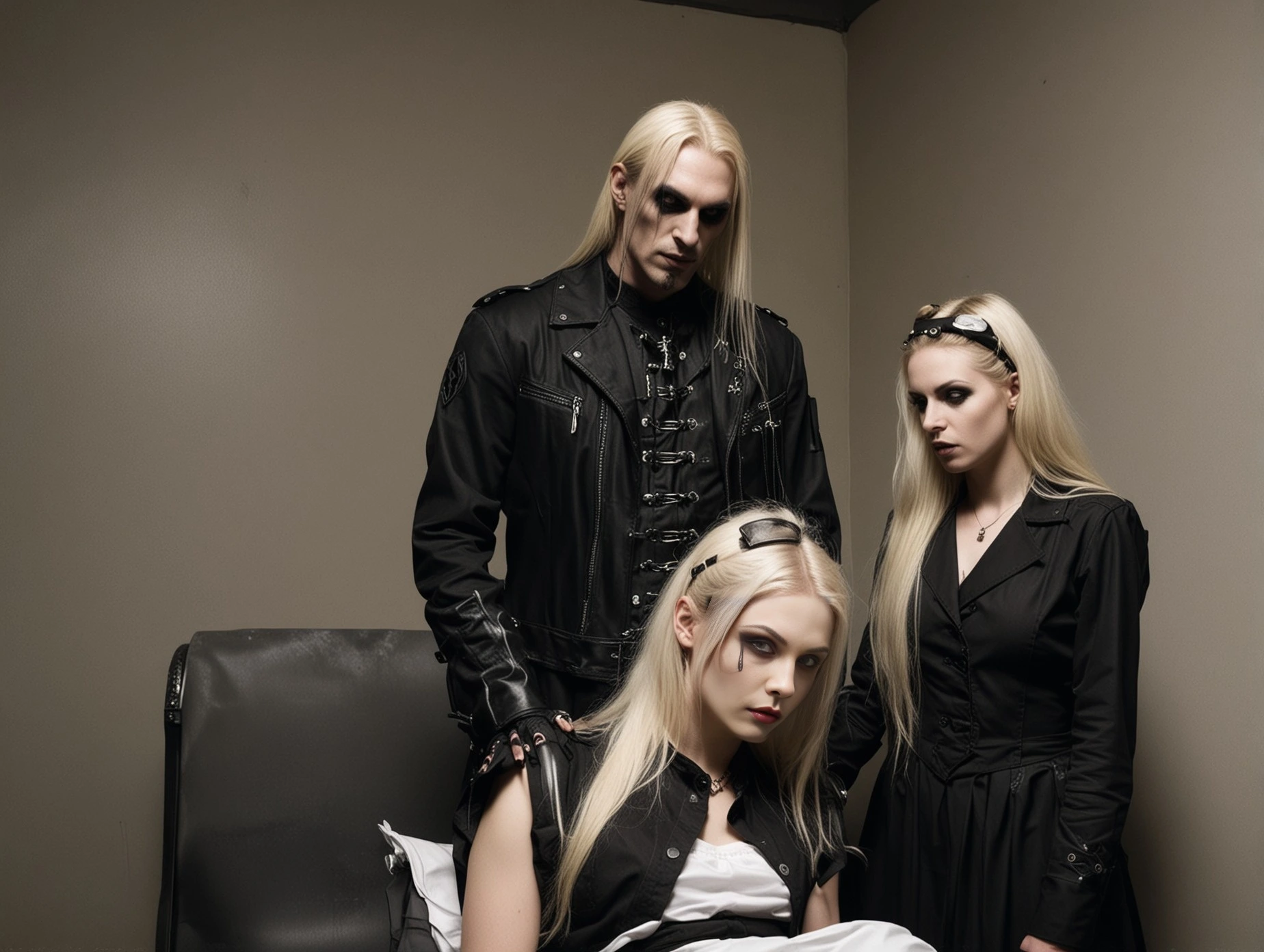 Blonde gothic trio with an evil gothic doctor in black leather jacket, and two blonde women in black gothic dresses, one seated and looking down solemnly.