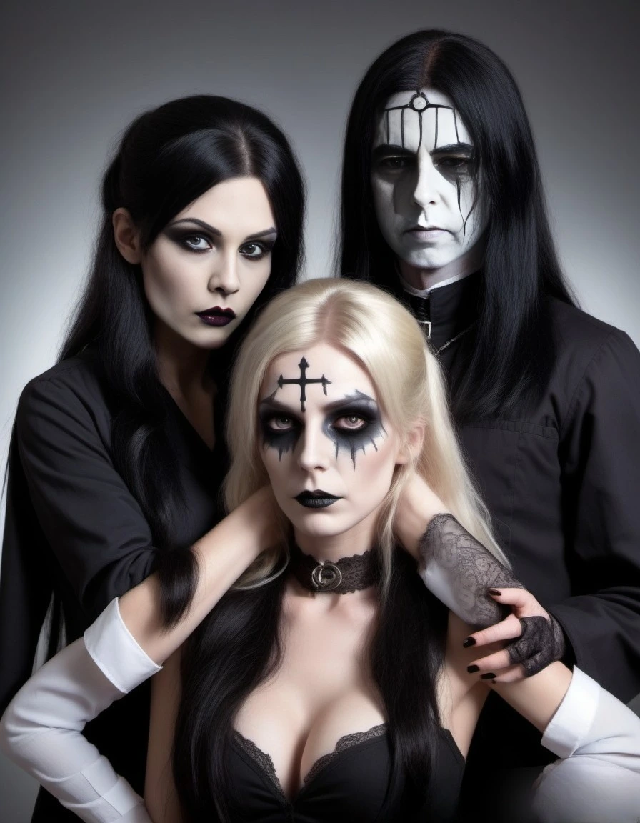 Gothic trio with black and blonde hair; a dark-haired woman, a blonde woman with black cross face paint, and a man with white face paint, all in black gothic clothing.