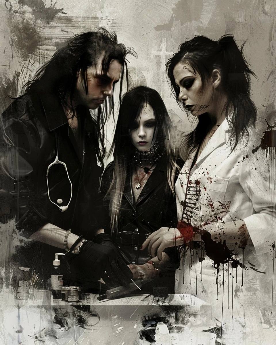 Evil gothic doctor with long black hair, a young gothic woman with dark hair, and a blonde nurse in a black medical room, with blood splatters on the wall.