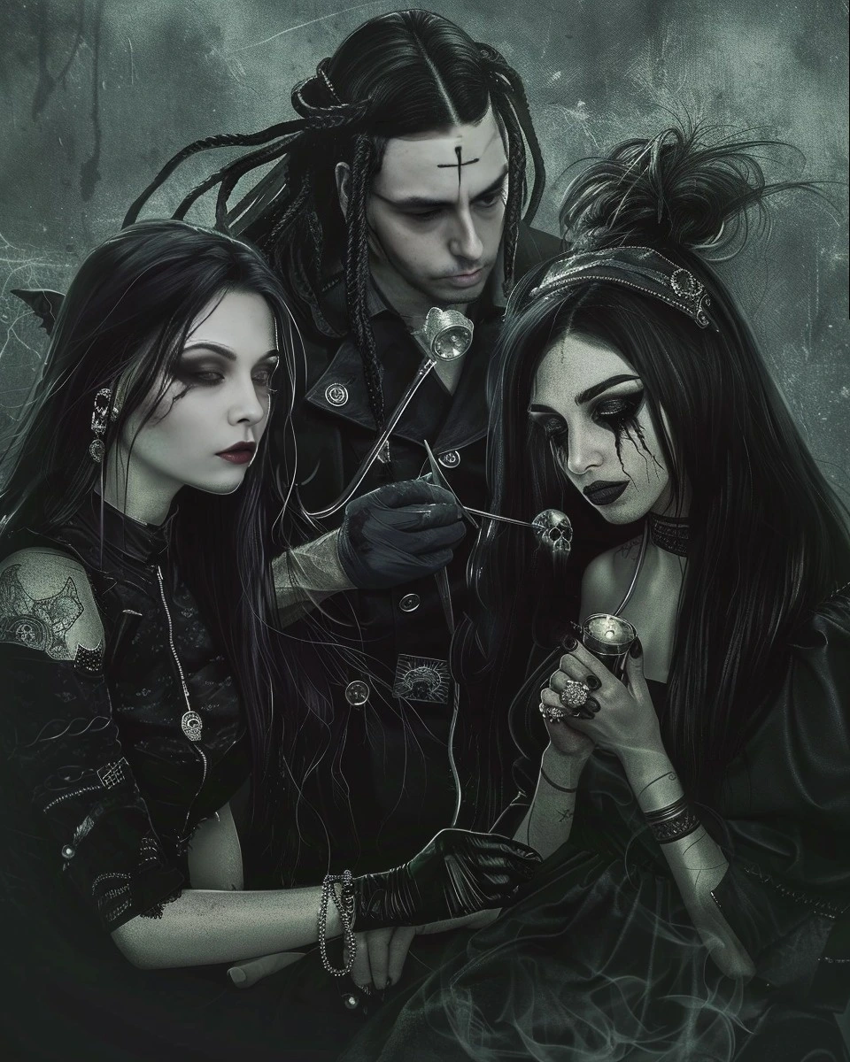 Gothic doctor with dark hair and a cross on his forehead, holding a medical instrument with two gothic women in black dresses, in an eerie medical setting.