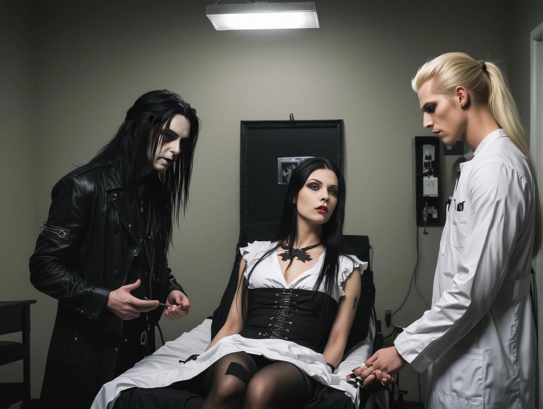 Evil gothic doctor scene with a dark-haired man in black leather, a blonde doctor, and a dark-haired woman in a white corset, seated in a medical room.